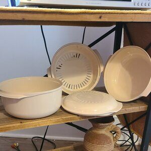 4 pc TUPPERWARE Stack Cooker Steamer Almond Microwave Caramel Corn Maker